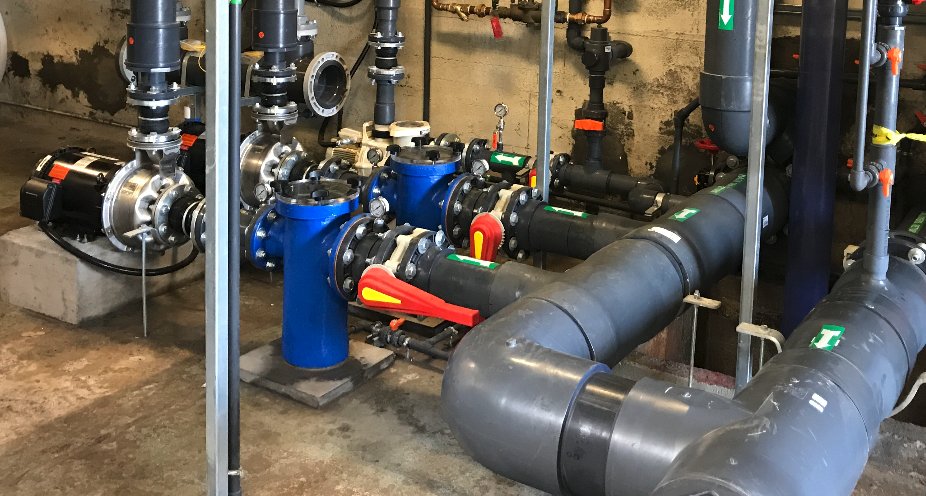 Mechanical room piping with pumps and valves